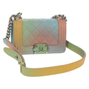 CHANEL Chain Boy Chanel Shoulder Bag Grained Calf Skin Silver Rainbow CC Aut...